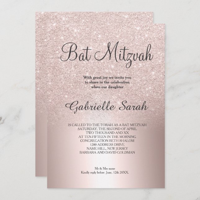 Invitation parties scintillant en or rose ombre Bat mitzvah e (Devant / Derrière)