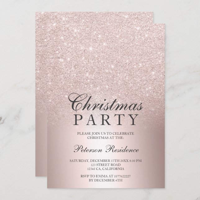 Invitation parties scintillant en or rose ombre feuille métal (Devant / Derrière)