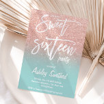 Invitation parties scintillant en or rose ombre typographie t<br><div class="desc">Une douche à parties scintillant en or faux rose moderne ombre avec oeuf rouge bleu turquoise bleu turquoise bloc couleur Sweet 16 script typographie invitation fête d'anniversaire avec or rose ombre motif se fondant sur un arrière - plan bleu. Parfait pour un Sweet sixteen princesse, parfait pour elle, la fashionista...</div>