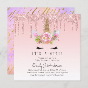 Invitation Parties scintillant en or rose Unicorn Baby Girl D