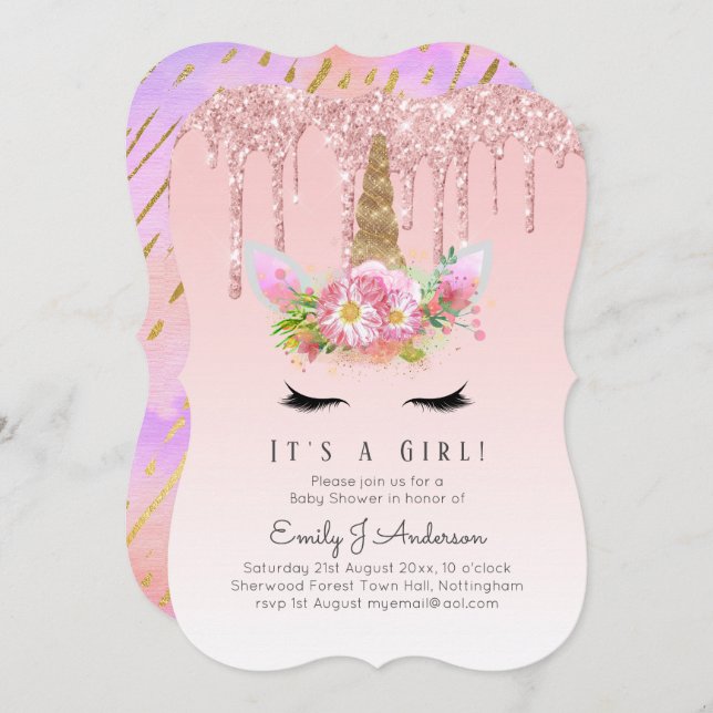 Invitation Parties scintillant en or rose Unicorn Baby Girl D (Devant / Derrière)