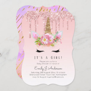 Invitation Parties scintillant en or rose Unicorn Baby Girl D