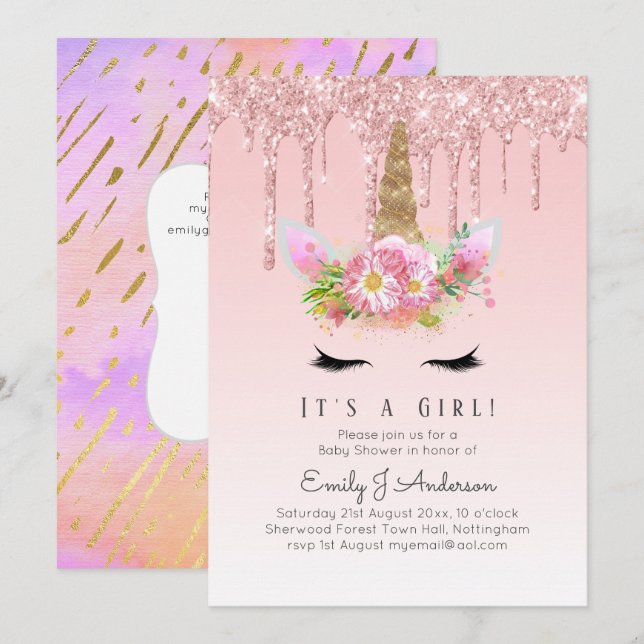 Invitation Parties scintillant en or rose Unicorn Baby Girl D (Devant / Derrière)