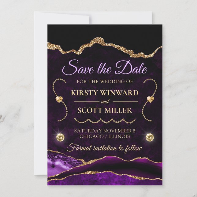 Invitation Parties scintillant en or violet Agate et marbre E (Devant)