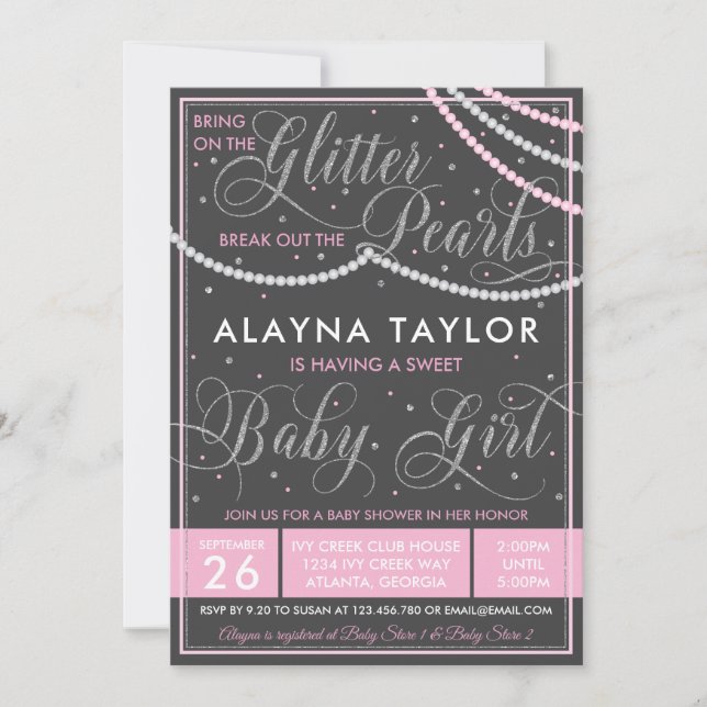 Invitation Parties scintillant et perles Baby shower Invitati (Devant)