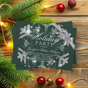 Invitation Parties scintillant et ruban en argent   Vert Noël