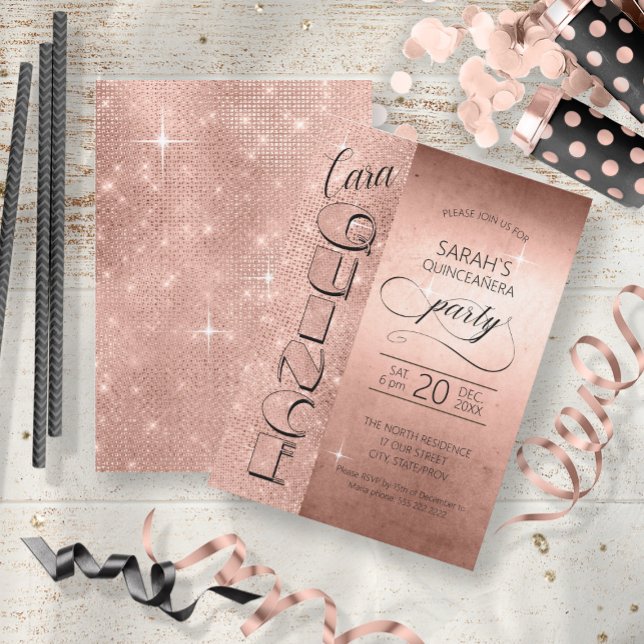 Invitation Parties scintillant et Shine Quinceanera Rose Gold (Front/Back In Situ)