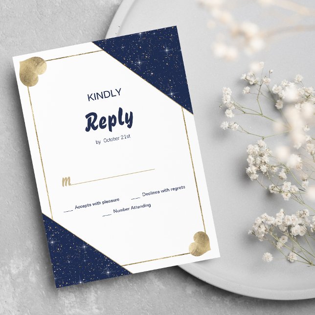 Invitation Parties scintillant étincelante en or bleu marine  (Navy blue gold heart sparkle glitter RSVP )
