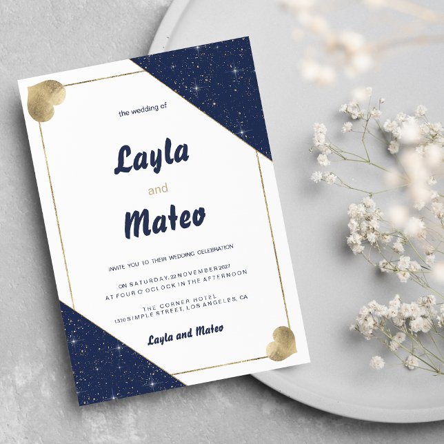 Invitation Parties scintillant étincelante en or bleu marine  (Navy blue gold heart sparkle glitter Wedding)