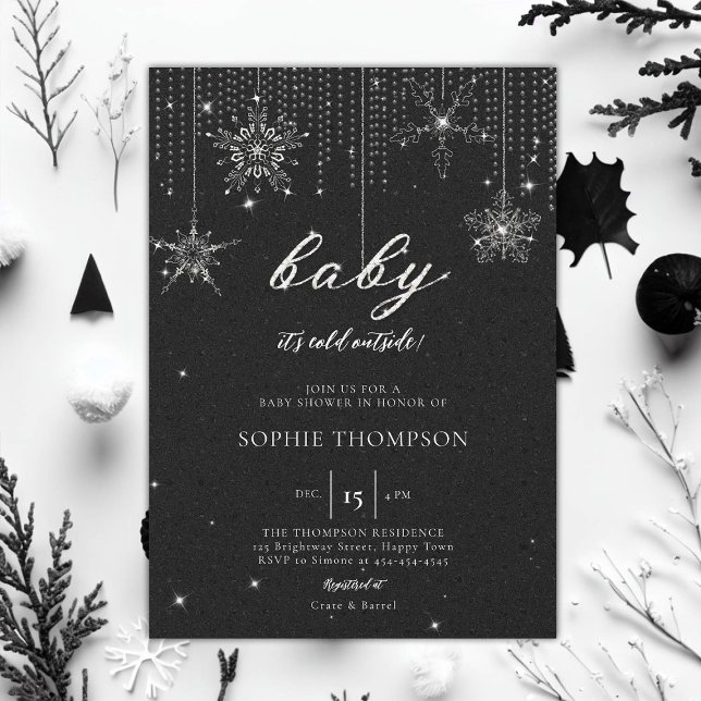 Invitation Parties scintillant extérieure froide Flocon de ne (baby its cold outside baby shower invitation rhinestone glitter sparkle snowflakes black neutral)