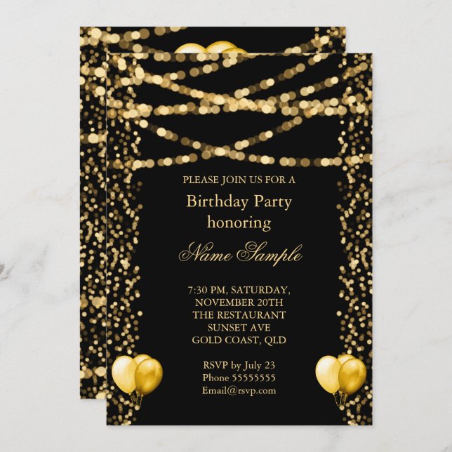 Invitation Parties scintillant Faux Foil Gold Ballons Noir An (Devant / Derrière)