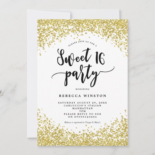 Invitation parties scintillant faux or confetti doux 16 invit (Devant)