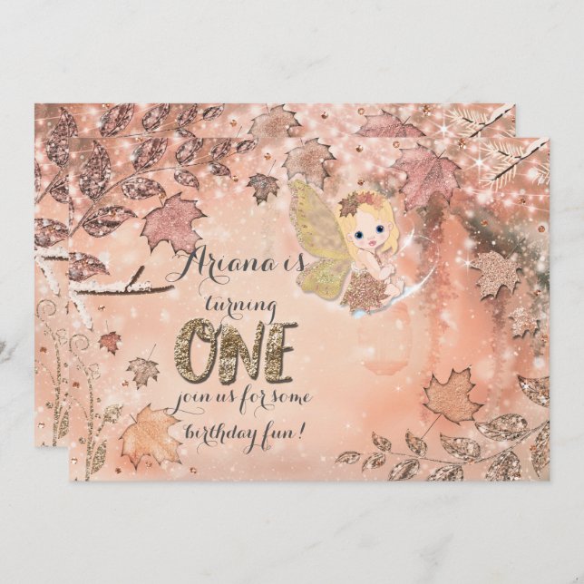 Invitation Parties scintillant Feuilles Hiver Automne Fée Fée (Devant / Derrière)