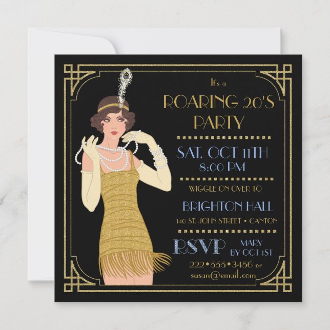 Invitation Parties scintillant Flapper Gold des années 20 Bla (Devant)