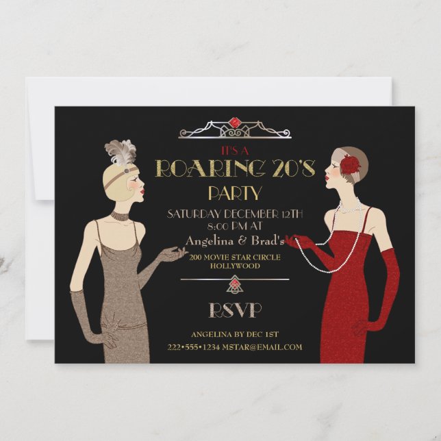Invitation Parties scintillant Flapper Gold des années 20 Red (Devant)