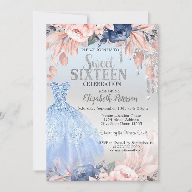 Invitation Parties scintillant, Fleurs Bleues Robe Argent Swe (Devant)