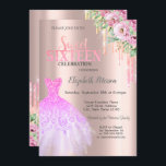 Invitation Parties scintillant, Fleurs de robe Rose Gold Swee<br><div class="desc">Robe élégante,  fleurs et parties scintillant goutte sur un arrière - plan rose en or.</div>