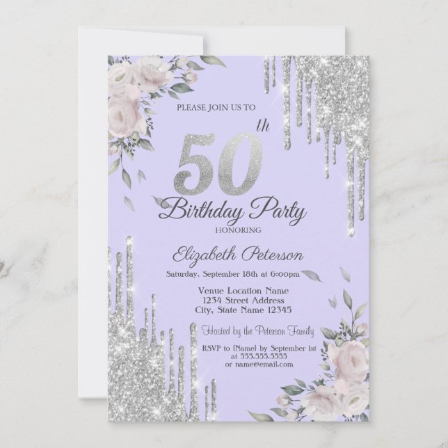 Invitation Parties scintillant, Fleurs Lavander 50e anniversa (Devant)