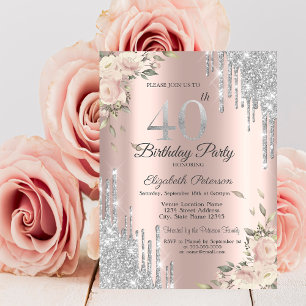 Invitation Parties scintillant, Fleurs Rose Or 40e anniversai