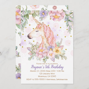 Invitation Parties scintillant Floral Unicorn Girls Modern Bi