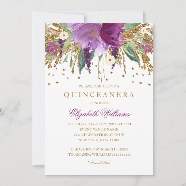 Invitation Parties scintillant florale Amethyst Quinceanera I (Devant)