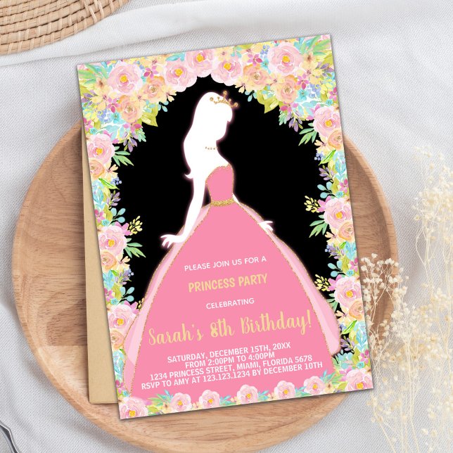 Invitation Parties scintillant florale Black Rose Princesse A (Floral Glitter Black Pink Princess Birthday Invitation)