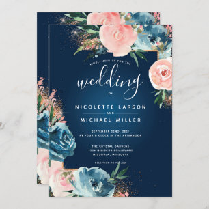 Invitation Parties scintillant florale bleu et bleu de la mar