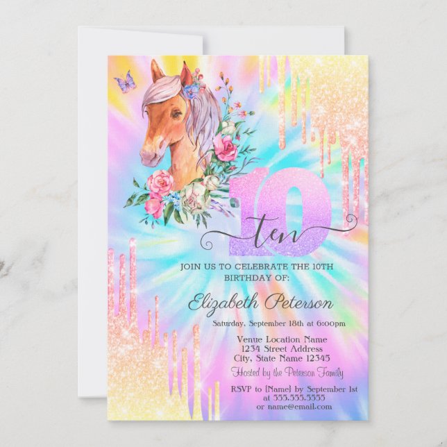 Invitation Parties scintillant florale de Pony Tie Dye 10e an (Devant)