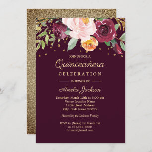 Invitation Parties scintillant florale d'or de Bourgogne Quin