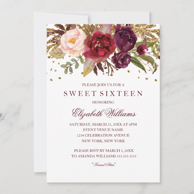 Invitation Parties scintillant florale étincelant Sweet sixte (Devant)