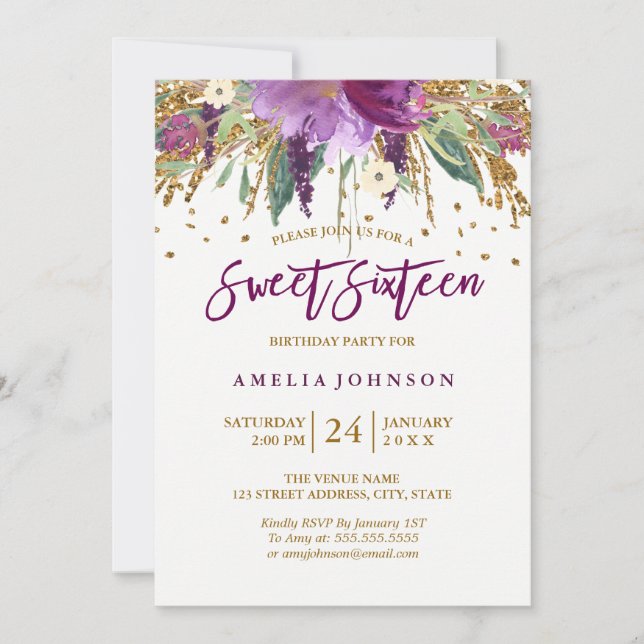 Invitation Parties scintillant florale Étincelle Sweet sixtee (Devant)