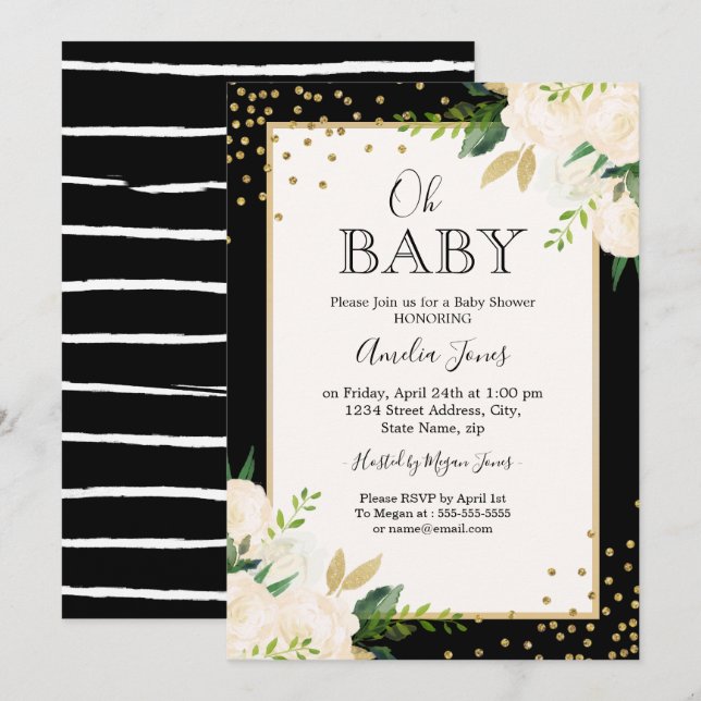 Invitation Parties scintillant Florale Gold Black Stripes Oh  (Devant / Derrière)