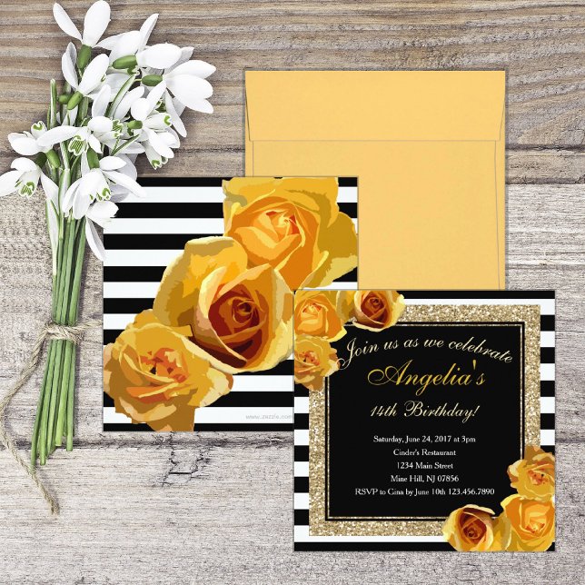 Invitation Parties scintillant florale jaune rayures Annivers (Créateur téléchargé)