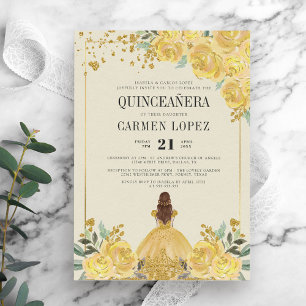 Invitation Parties scintillant Florale Or & Princesse Jaune Q