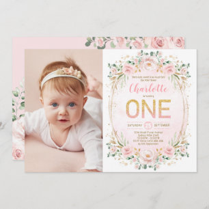 Invitation Parties scintillant florale pastel douce 1er anniv