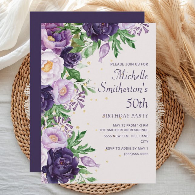 Invitation Parties scintillant florale pourpre 50e anniversai (Purple watercolor floral 50th birthday party invitation)