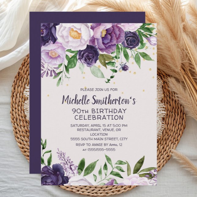 Invitation Parties scintillant florale pourpre 90e anniversai (Purple watercolor floral women's 90th birthday party invitation)