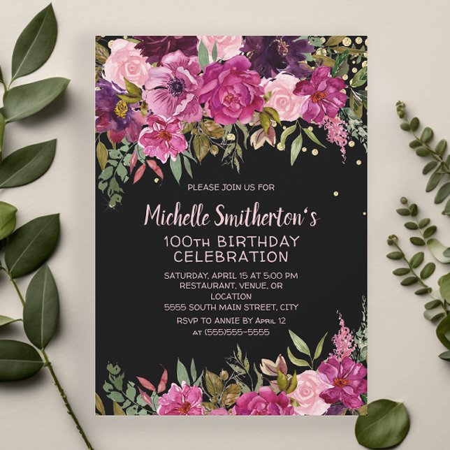 Invitation Parties scintillant florale rose noire 100e annive (Black 100th birthday party invitation with pink and purple floral and gold glitter)