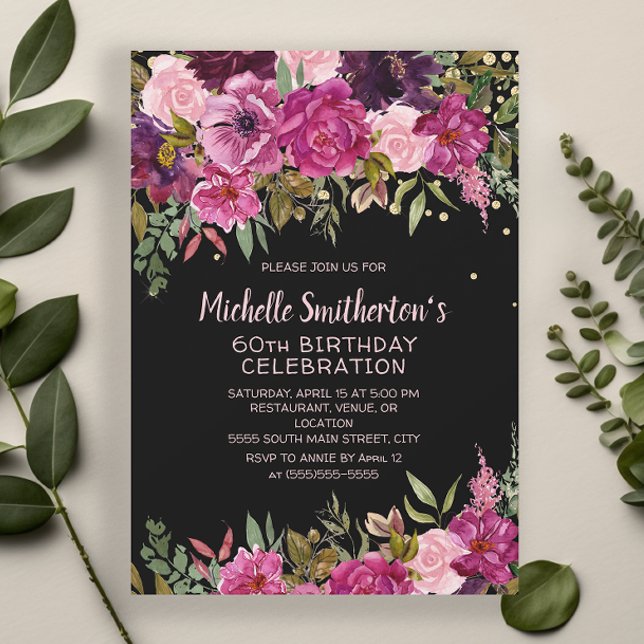 Invitation Parties scintillant florale rose noire 60e anniver (Black 60th birthday party invitation with pink and purple floral and gold glitter)