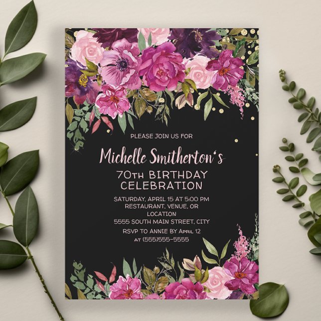 Invitation Parties scintillant florale rose noire 70e anniver (Black 70th birthday invitation with pink and purple floral and gold glitter)