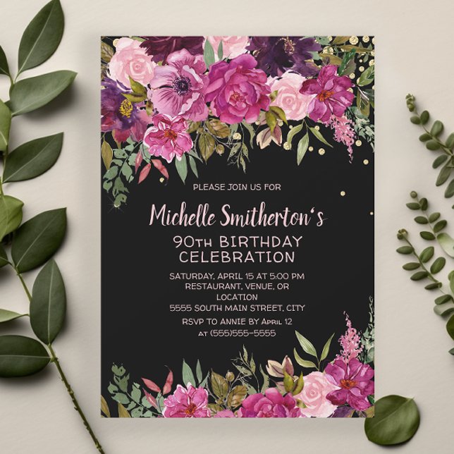 Invitation Parties scintillant florale rose noire 90e anniver (Black 90th birthday party invitation with pink and purple floral and gold glitter)