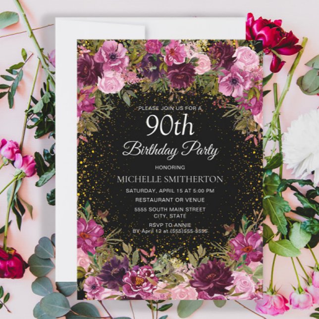 Invitation Parties scintillant florale rose pourpre Noir 90e  (Burgundy and pink floral on black 90th birthday party invitation)