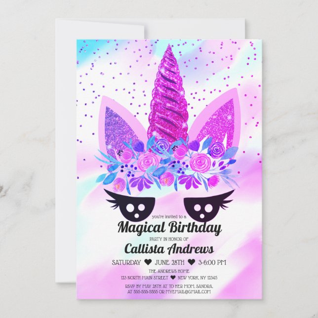 Invitation Parties scintillant florale violet magique Unicorn (Devant)