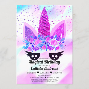 Invitation Parties scintillant florale violet magique Unicorn