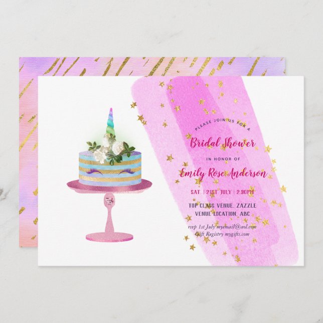Invitation Parties scintillant Foil Look UNICORN GÂTEAU Fille (Devant / Derrière)