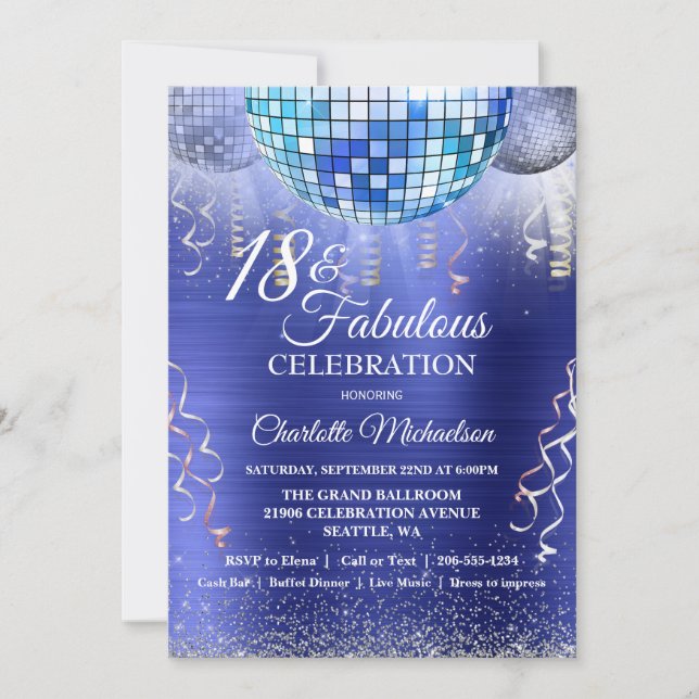 Invitation Parties scintillant Glam 18e anniversaire Blue Dis (Devant)