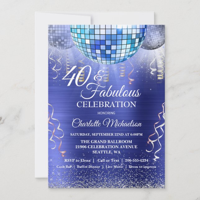 Invitation Parties scintillant Glam 40e anniversaire Blue Dis (Devant)