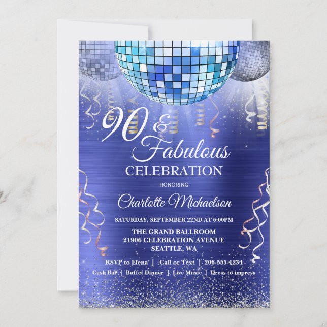 Invitation Parties scintillant Glam 90e anniversaire Blue Dis (Devant)