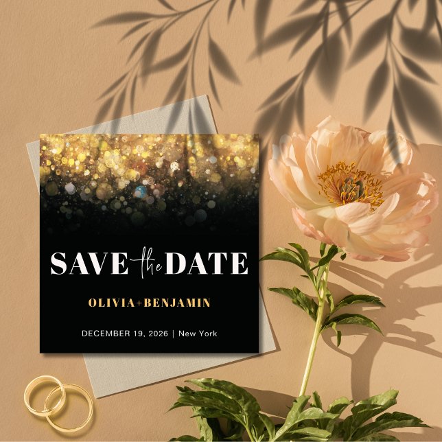 Invitation Parties scintillant Glam Noir et Or Mariage Enregi (Glitter Glam Black and Gold Wedding Save The Date Invitation)