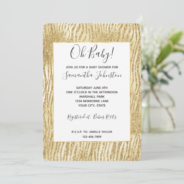 Invitation Parties scintillant Glam Or Zebra Print (Debout devant)